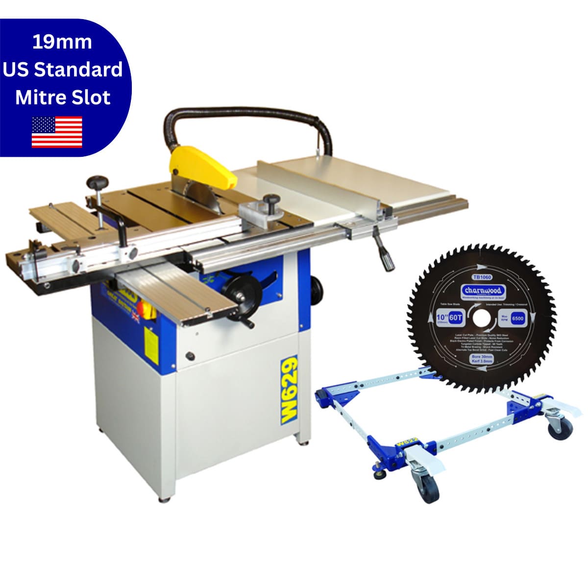 W629P Charnwood Table Saw Package with Wheel Kit and Low Noise Blade 230volt