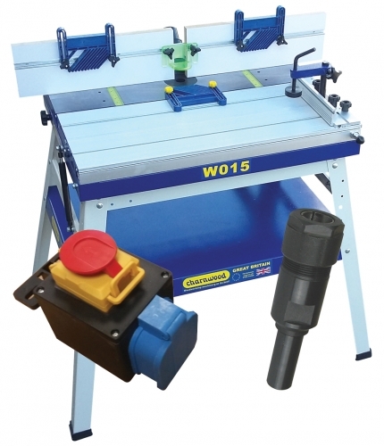 W015P Router table with sliding bed, package deal includes switch and collet extension.