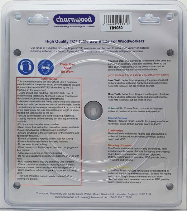 Charnwood TB1080 TCT Saw Blade 250mm x 30mm x 80T x 3.0k - Image 5
