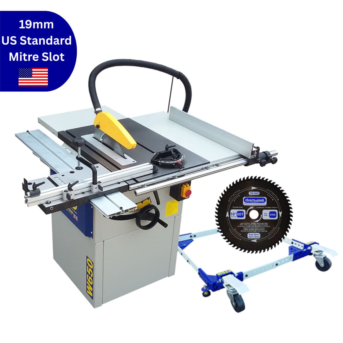 Charnwood W650P Table Saw Package + Sliding Table + extra 60TCT Low Noise Blade + W522 Wheel kit.
