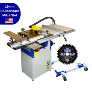 W619P : 8″ Package Deal Table Saw with Wheel Kit and Low Noise Blade with 19mm wide U.S. Standard mitre slot.
