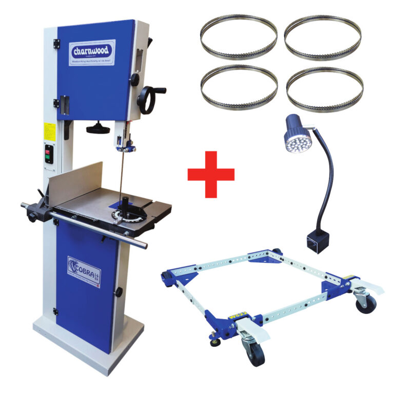 Package Deal Charnwood C14BXP2: Cobra 14″ Bandsaw with 4 Extra Blades & Wheel Kit & Magnetic Light
